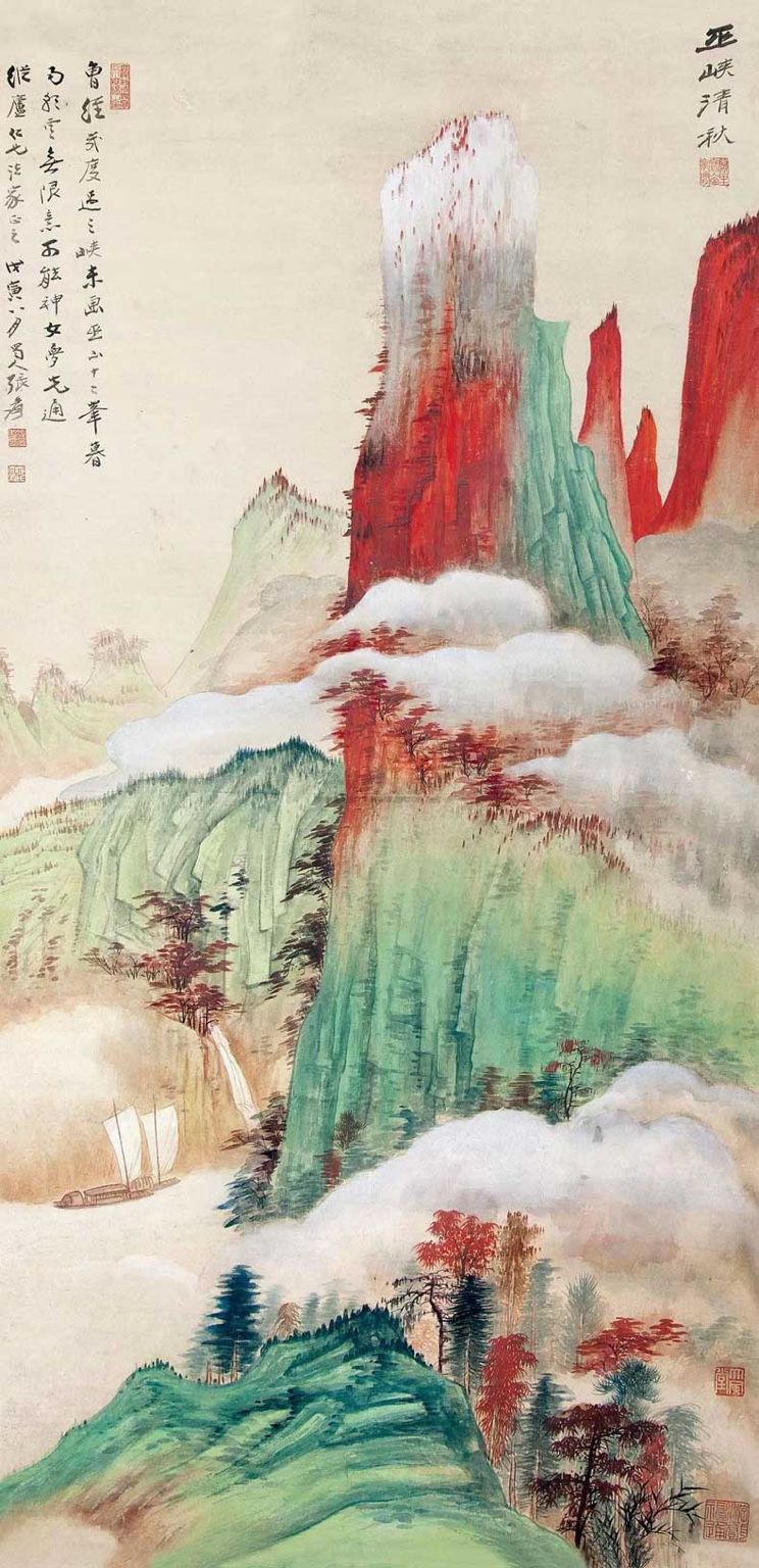 Clear Autumn over the Wu Gorge — splashed mineral colour and ink on silk